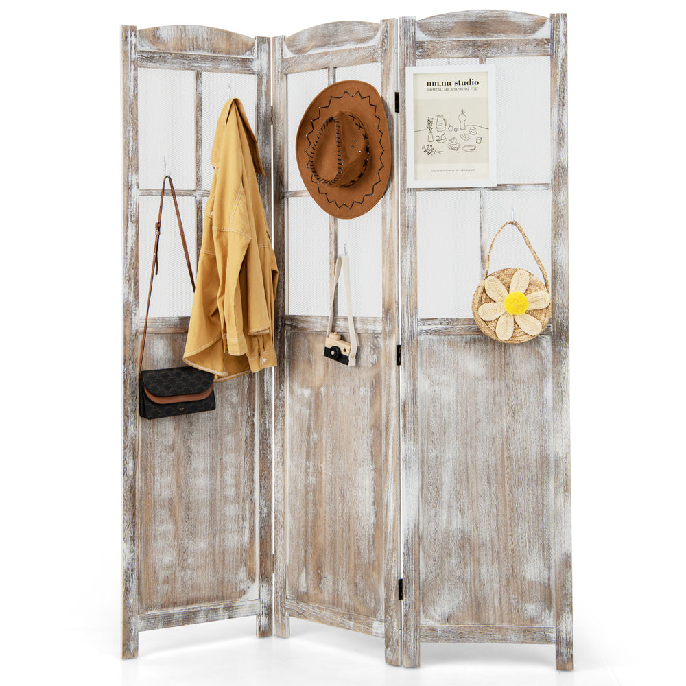 Folding privacy screen in coffee color with retro design, featuring mesh windows and a sturdy paulownia wood frame.