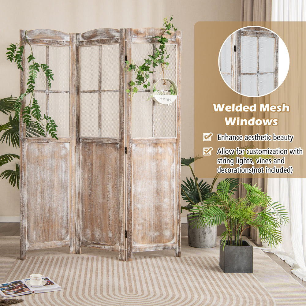 Folding privacy screen with welded mesh windows, retro design in coffee color, ideal for indoor and outdoor decor.