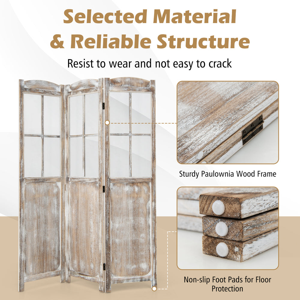 Folding privacy screen made of sturdy paulownia wood with mesh windows, ideal for indoor and outdoor decoration.