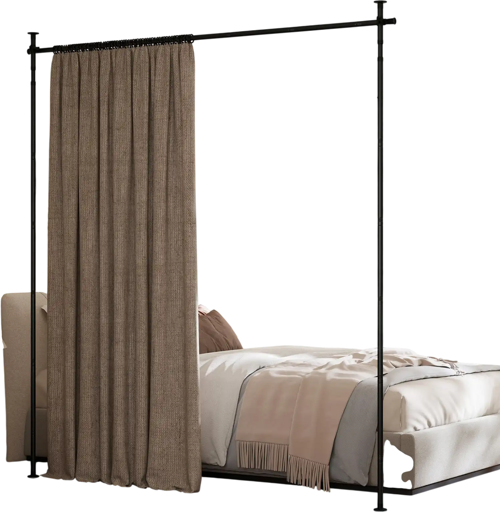 Adjustable black room divider curtain rod with no-drill installation, suitable for various ceiling heights and spaces.