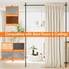 Adjustable black room divider curtain rod shown in a living space, compatible with various floor and ceiling types.