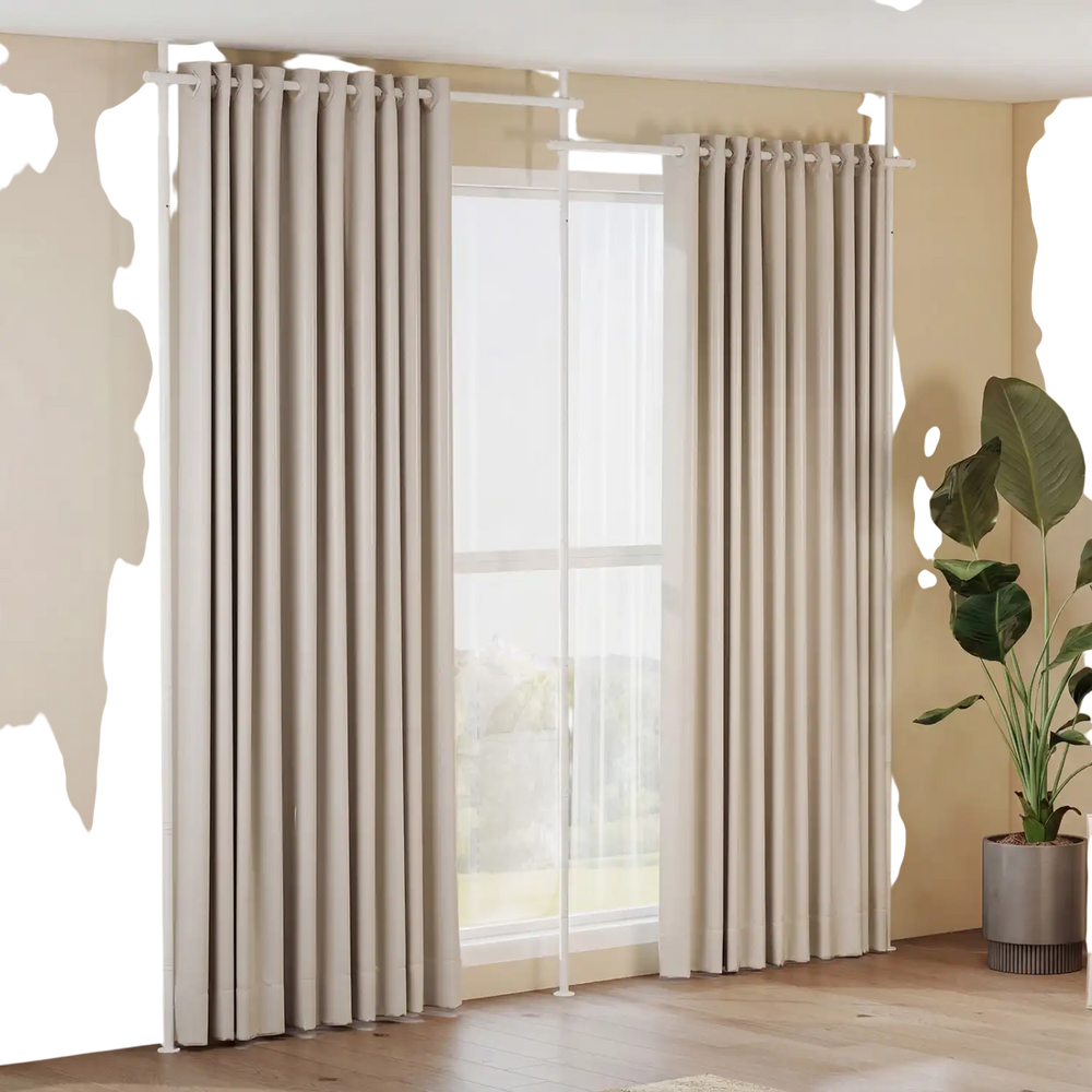 Adjustable floor-to-ceiling tension rod in white, suitable for various curtain types, ideal for apartments and studios.