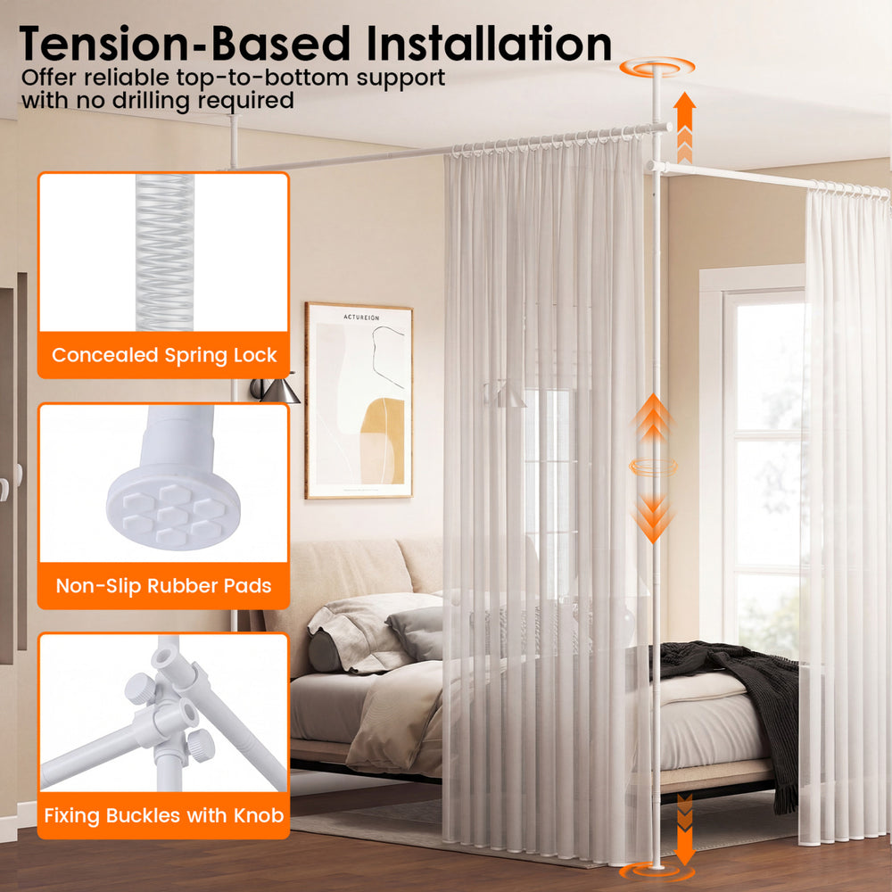 Adjustable floor-to-ceiling tension rod in white, designed for easy installation and support for various curtain types.