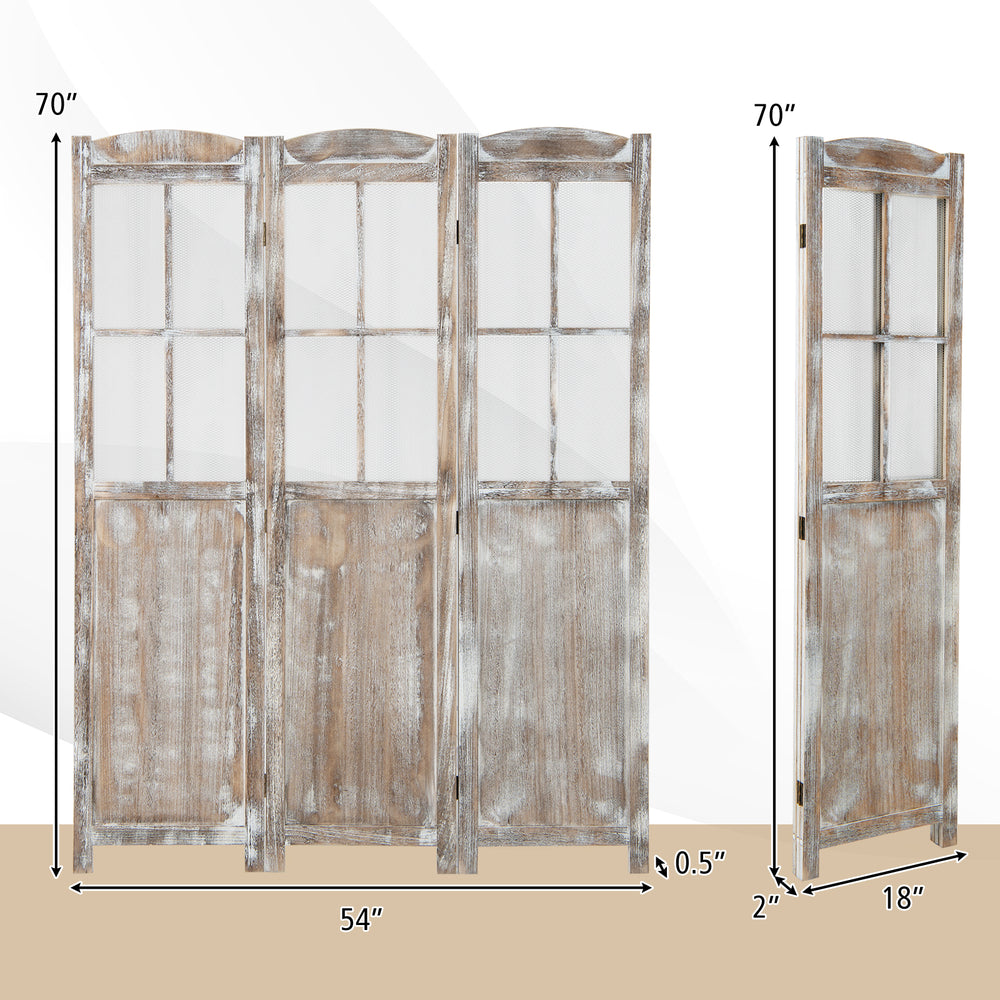 Folding privacy screen in coffee color, featuring a retro design with mesh windows, ideal for room division or.
