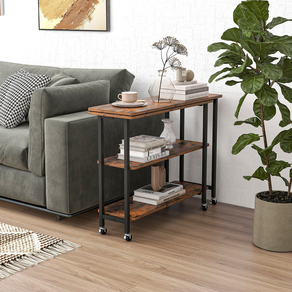 Rustic brown 360° rotating sofa side table with metal frame and lockable casters, perfect for stylish and functional.