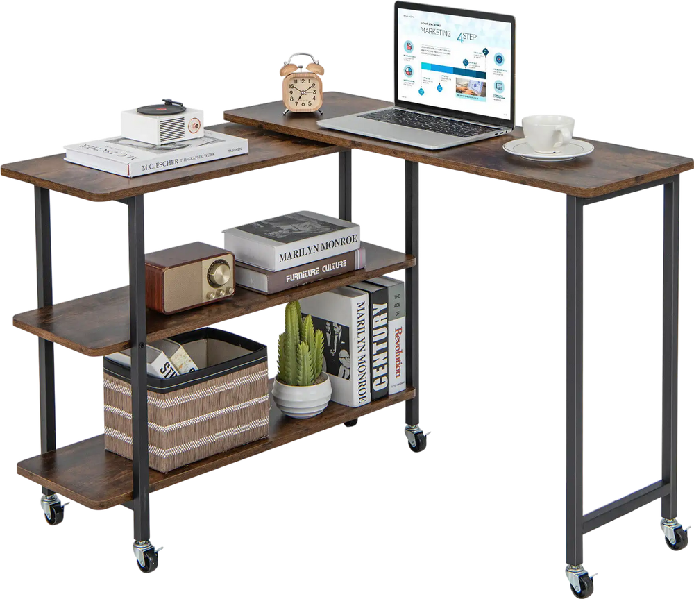Rustic brown 360° rotating sofa side table featuring a spacious tabletop and sturdy metal structure for any room.