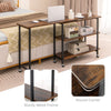 360° rotating sofa side table in rustic brown with sturdy metal frame and 2-tier shelves for versatile storage.