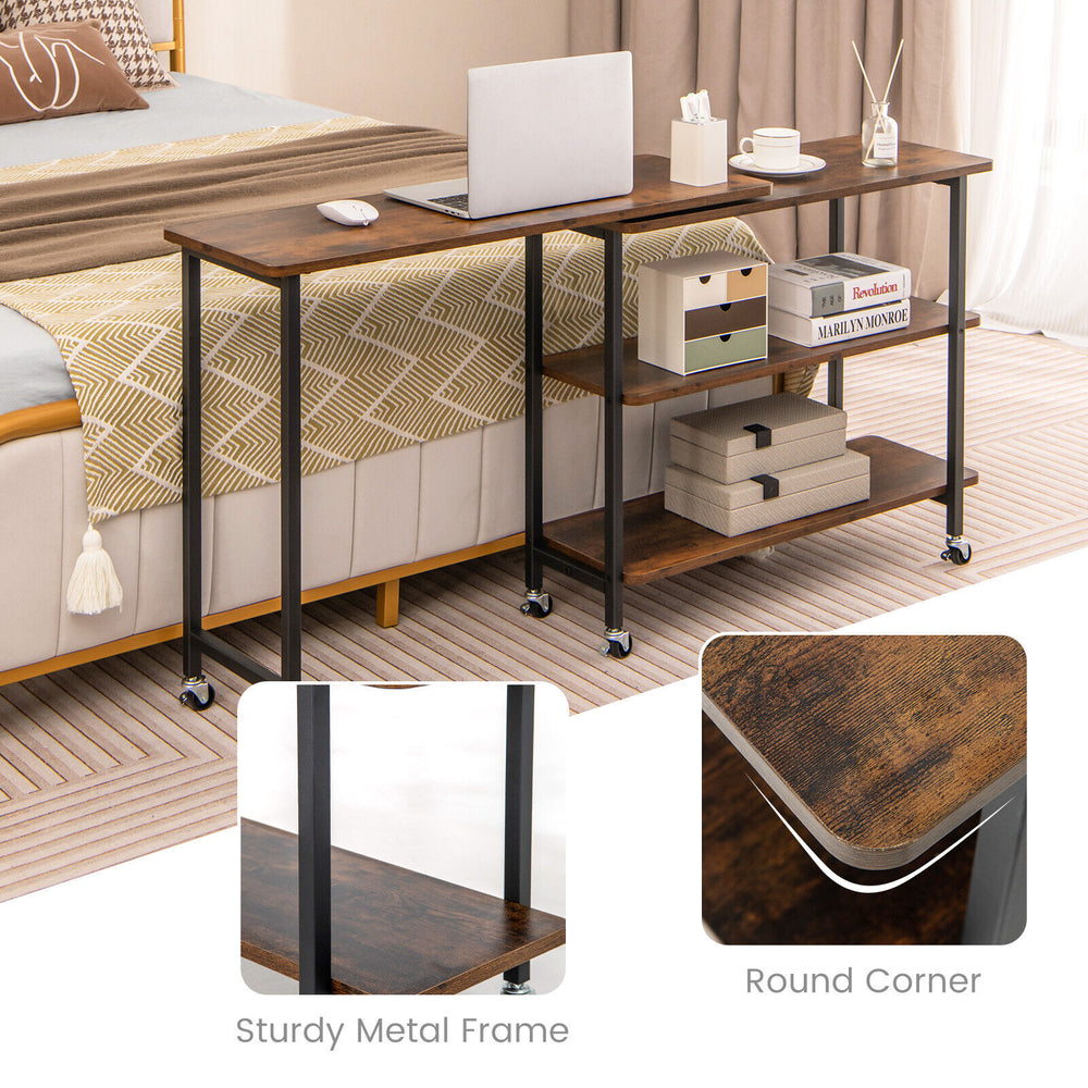 360° rotating sofa side table in rustic brown with sturdy metal frame and 2-tier shelves for versatile storage.
