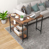 Rustic brown 360° rotating sofa side table with 2-tier storage shelves, ideal for living room or office use.