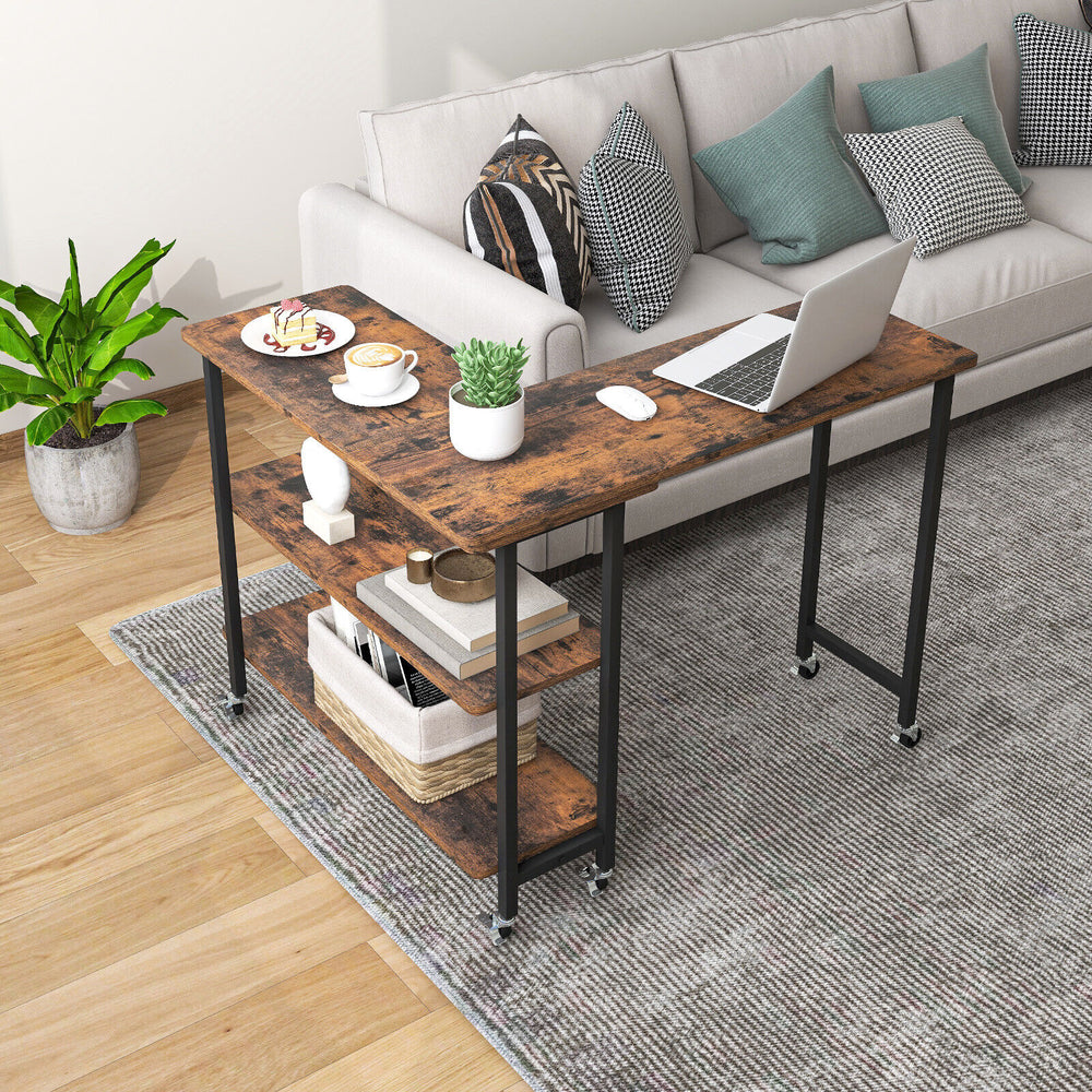 Rustic brown 360° rotating sofa side table with 2-tier storage shelves, ideal for living room or office use.