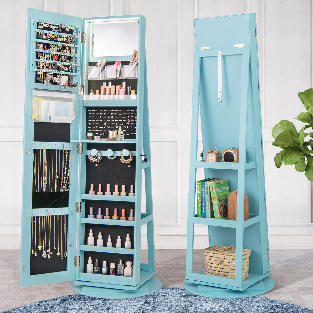 Blue 360° rotating mirrored jewelry cabinet armoire with LED lighting, lockable design, and ample storage space.