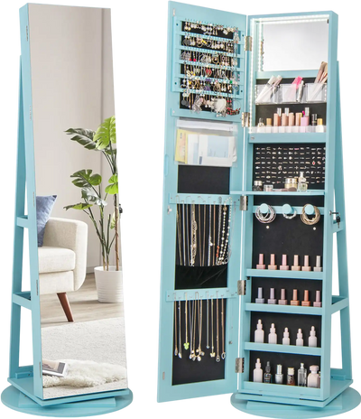 Costway 360° Rotating Mirrored Jewelry Armoire Cabinet Lockable 3-Color LED 43862715 New