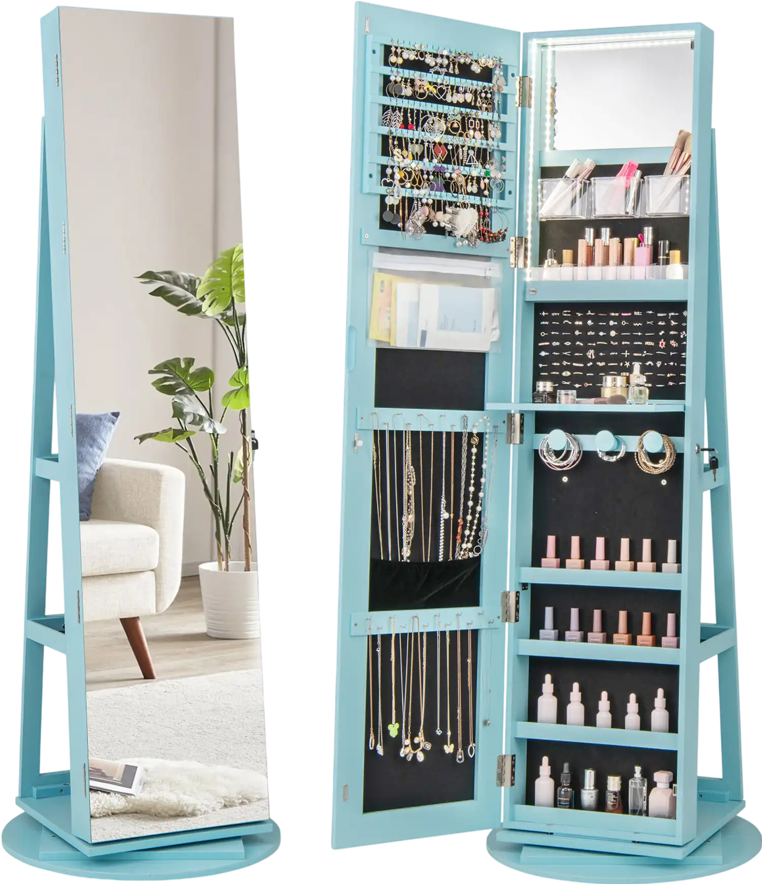 Costway 360° Rotating Mirrored Jewelry Armoire Cabinet LED Lockable 43862715 New