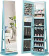 360° rotating blue jewelry cabinet armoire with LED lighting, lockable door, and ample storage for accessories.