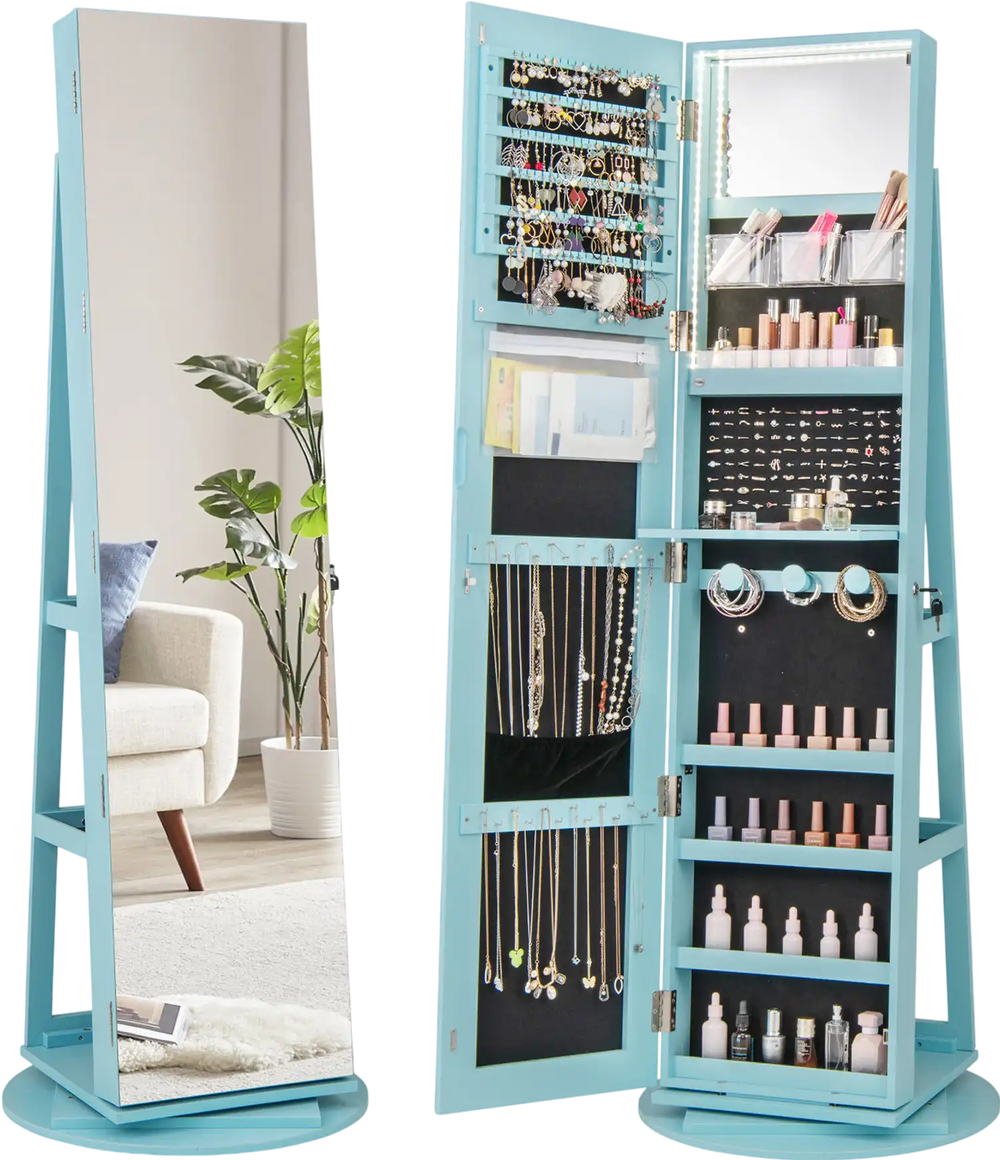 360° rotating blue jewelry cabinet armoire with LED lighting, lockable door, and ample storage for accessories.