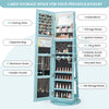 360° rotating blue jewelry cabinet with mirror, LED lighting, and ample storage for earrings, necklaces, and makeup.