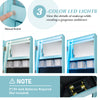 360° rotating mirrored jewelry cabinet armoire in blue with 3-color LED lights and lockable door for secure storage.