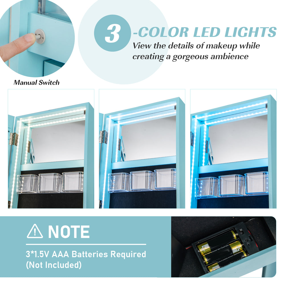 360° rotating mirrored jewelry cabinet armoire in blue with 3-color LED lights and lockable door for secure storage.