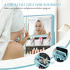 360° rotating mirrored jewelry cabinet in blue with LED lighting, offering organized storage and a lockable design for.
