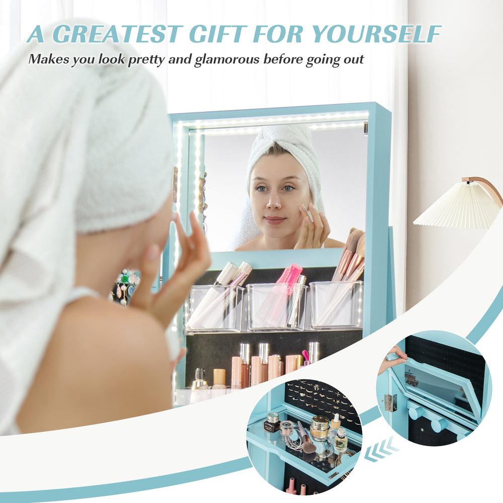 360° rotating mirrored jewelry cabinet in blue with LED lighting, offering organized storage and a lockable design for.