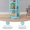 360° rotating blue jewelry cabinet with lockable door, 3-color LED mirror, and two back trays for organized storage.