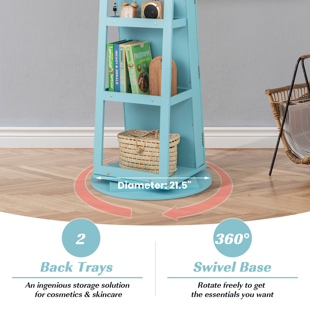 360° rotating blue jewelry cabinet with lockable door, 3-color LED mirror, and two back trays for organized storage.