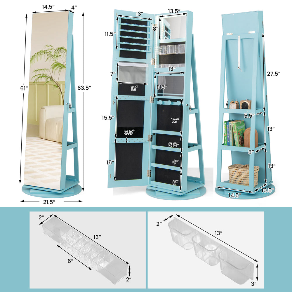 360° rotating blue jewelry cabinet armoire with mirror, LED lighting, and lockable storage for efficient organization.