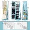 360° rotating blue jewelry cabinet armoire with mirror, LED lighting, and lockable storage for efficient organization.