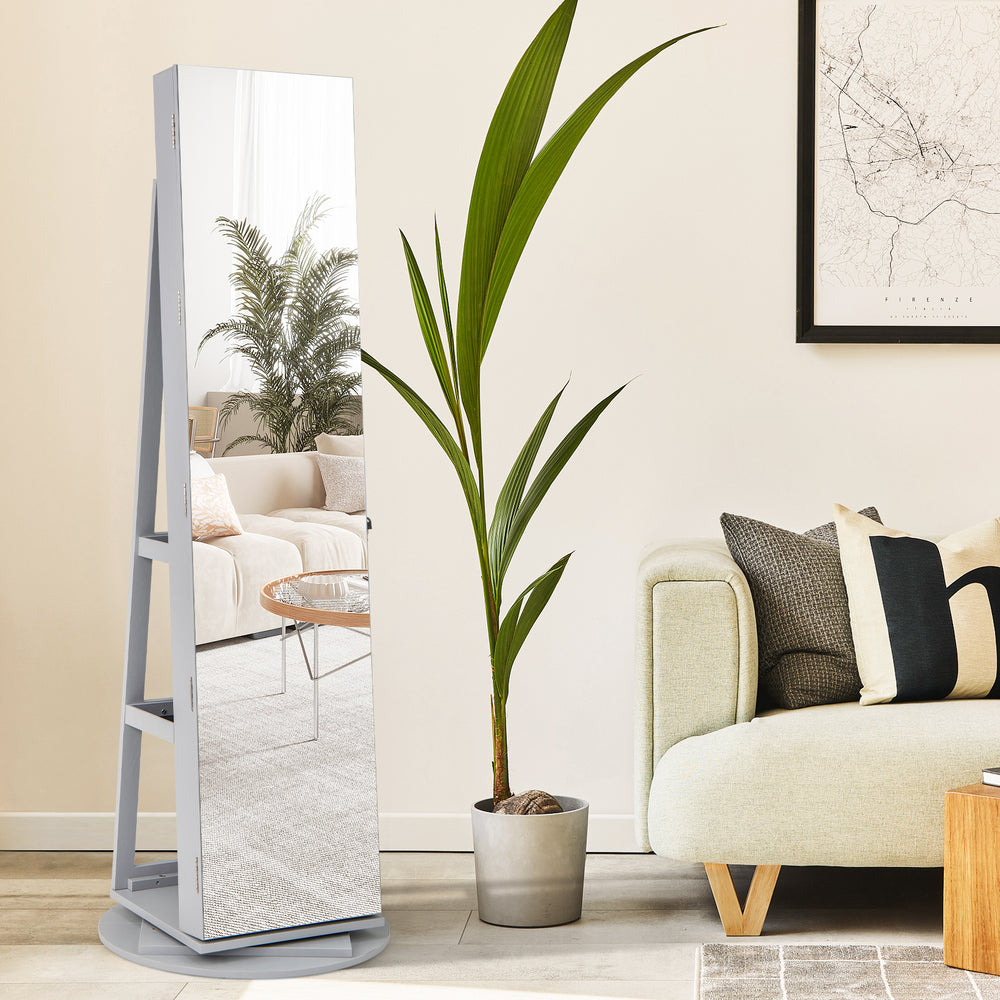 360° Rotating Mirrored Jewelry Cabinet Armoire 3 Color LED Modes Lockable-Gray - Gallery View 1 of 10