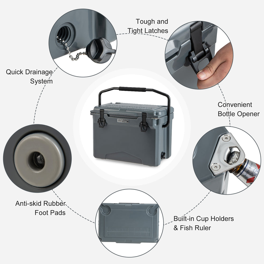 25 QT gray hard cooler with aluminum handle, built-in cup holders, and anti-skid rubber foot pads for outdoor use.