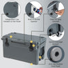 Rotomolded cooler in gray with integrated cup holders, bottle opener, and quick drainage system for outdoor use.