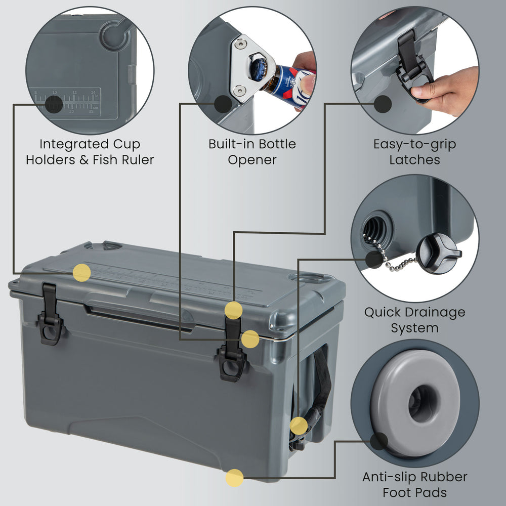 Rotomolded cooler in gray with integrated cup holders, bottle opener, and quick drainage system for outdoor use.
