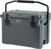 25 QT gray hard cooler with aluminum handle, integrated cup holders, and drainage plug, perfect for camping and picnics.