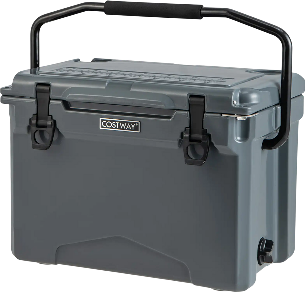 25 QT gray hard cooler with aluminum handle, integrated cup holders, and drainage plug, perfect for camping and picnics.