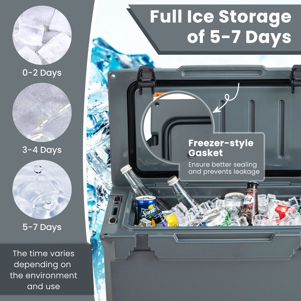 Rotomolded cooler in gray with integrated cup holders and bottle opener, designed for 5-7 days of ice storage.