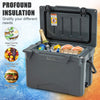 25 QT gray hard cooler with aluminum handle, integrated cup holders, and sealed gasket for 5-7 days ice retention.