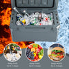 Gray rotomolded cooler with integrated cup holders, keeping drinks cold for 5-7 days, ideal for camping and travel.