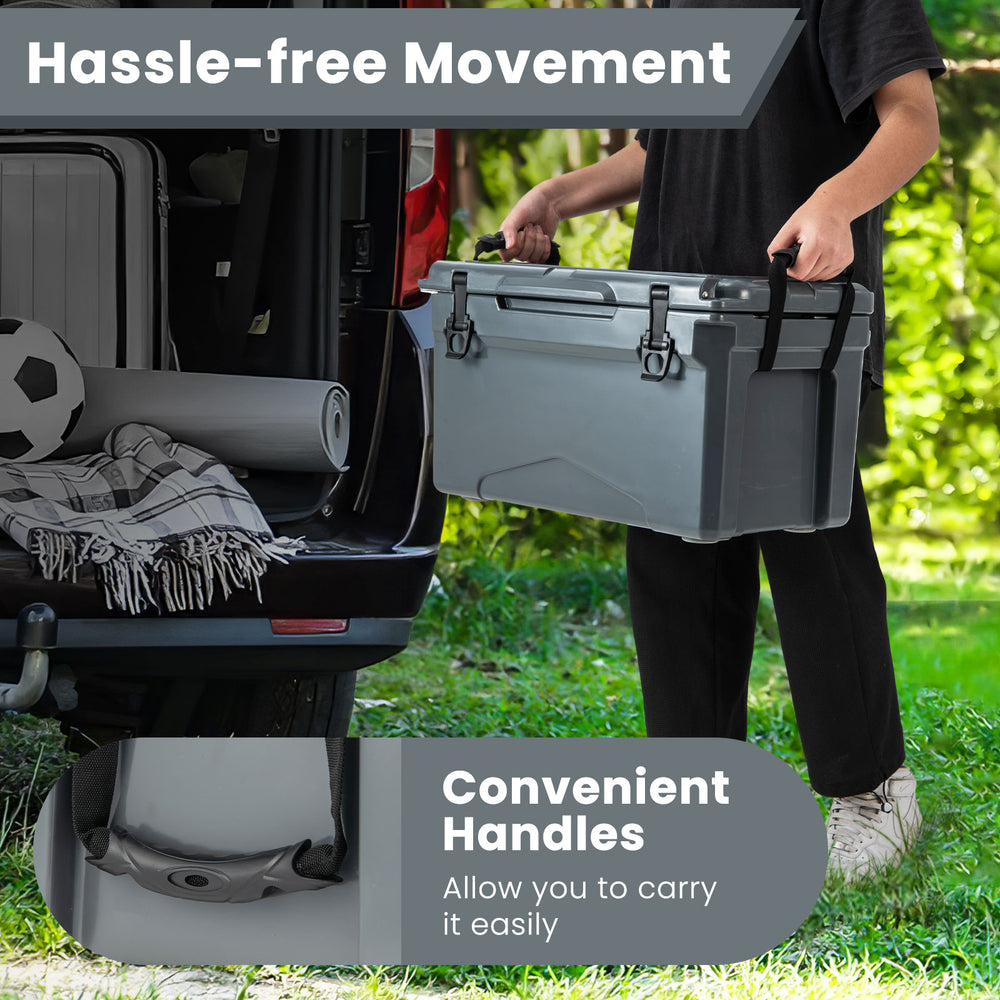 Gray rotomolded cooler with convenient handles, integrated cup holders, and bottle opener for easy transport and use.