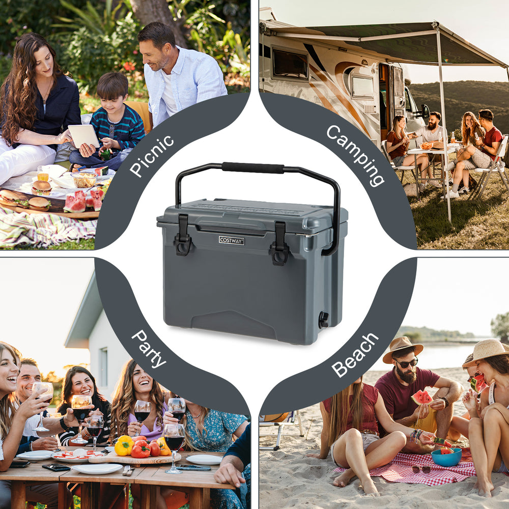 25 QT gray hard cooler with aluminum handle and cup holders, perfect for camping, picnics, and beach outings.