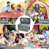 Gray rotomolded cooler with integrated cup holders and bottle opener, ideal for camping, picnics, and beach outings.