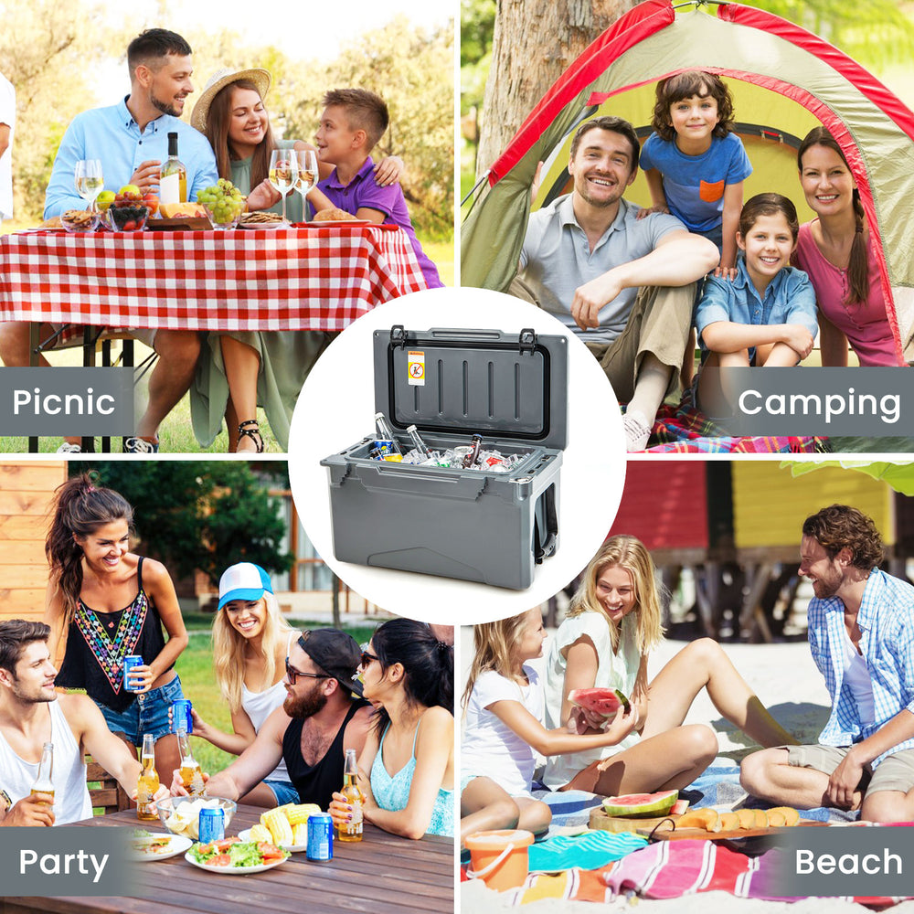 Gray rotomolded cooler with integrated cup holders and bottle opener, ideal for camping, picnics, and beach outings.