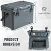 25 QT gray hard cooler with aluminum handle, integrated cup holders, and dimensions for camping and outdoor use.