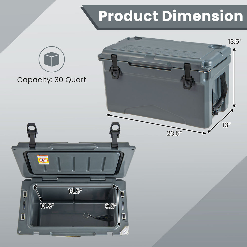 Rotomolded cooler in gray with integrated cup holders, 30-quart capacity, and leak-proof design for outdoor activities.