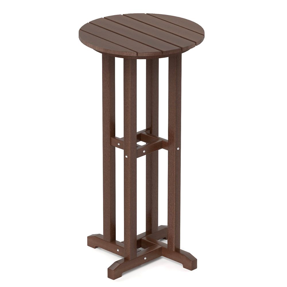 Round bar table with slatted HDPE tabletop in brown, 21.5" height, ideal for backyard or poolside dining.