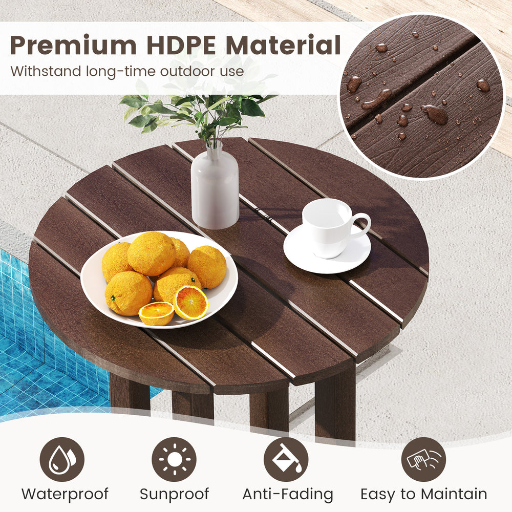 Round 21.5-inch HDPE bar table with slatted design, ideal for outdoor use by the poolside or balcony.