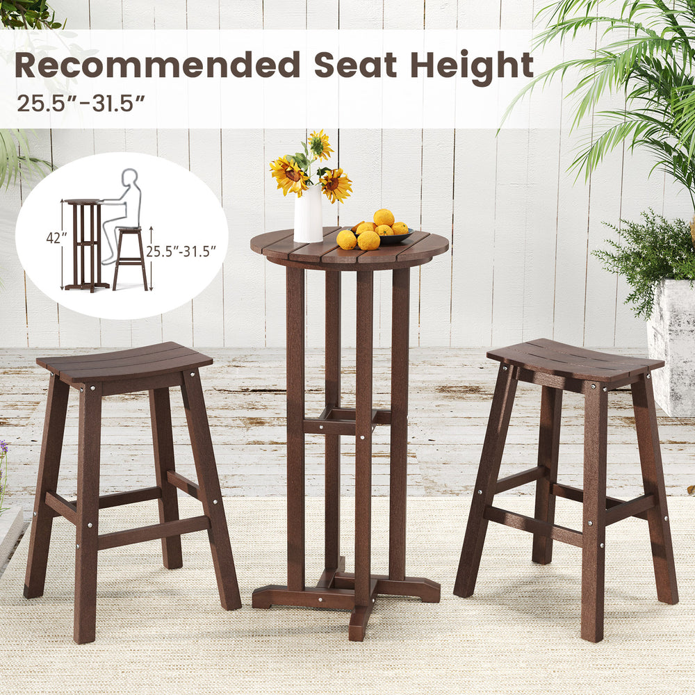 Round bar height dining table with slatted HDPE tabletop in brown, ideal for outdoor use with bar chairs.