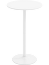 Round bistro table with a 24" white tabletop, adjustable height, and heavy-duty metal base for versatile use.