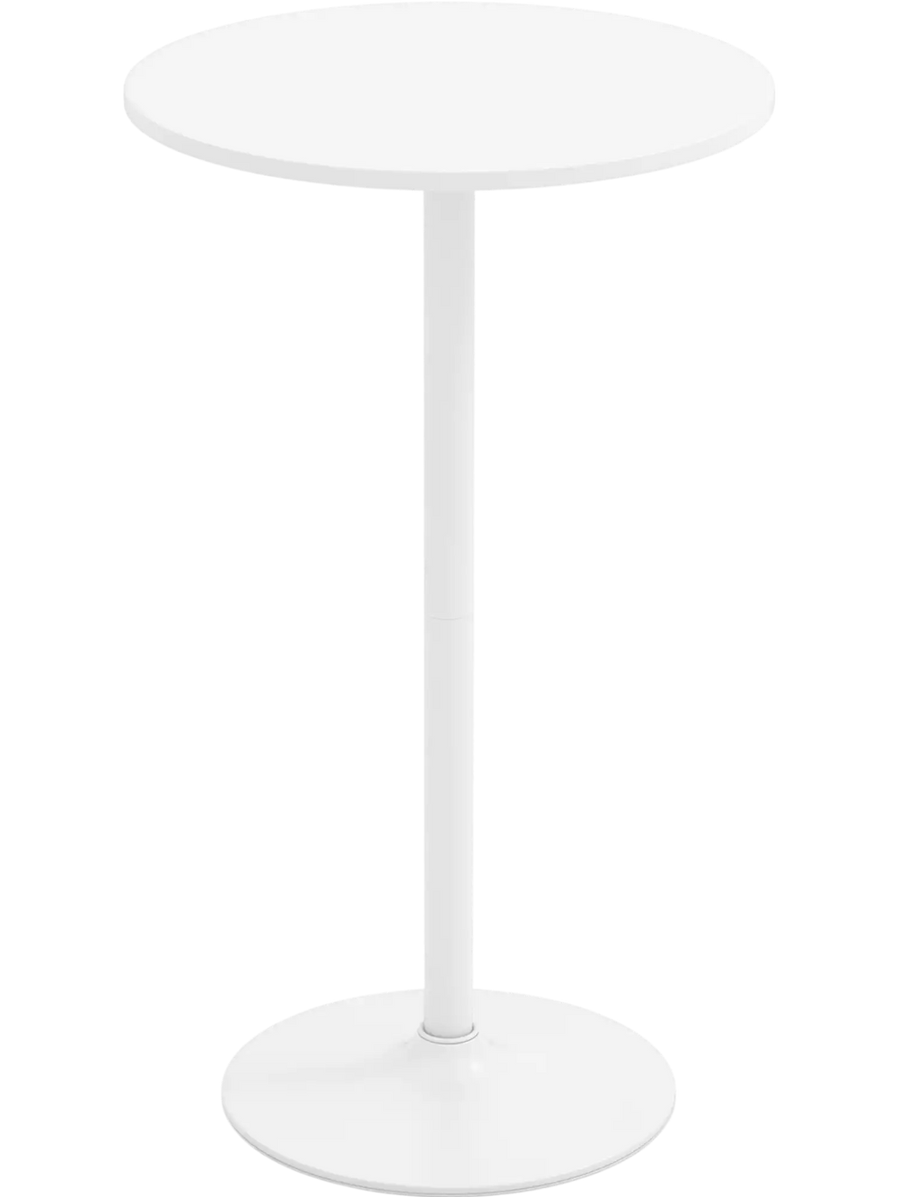 Round bistro table with a 24" white tabletop, adjustable height, and heavy-duty metal base for versatile use.