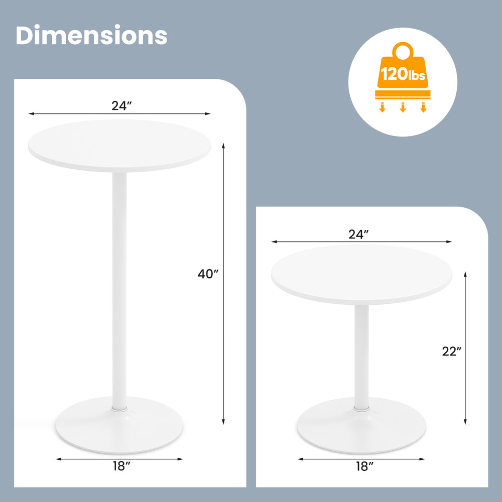 Round Bistro Table dimensions showing 40" bar height and 22" coffee table height with a 24" tabletop for versatile use.