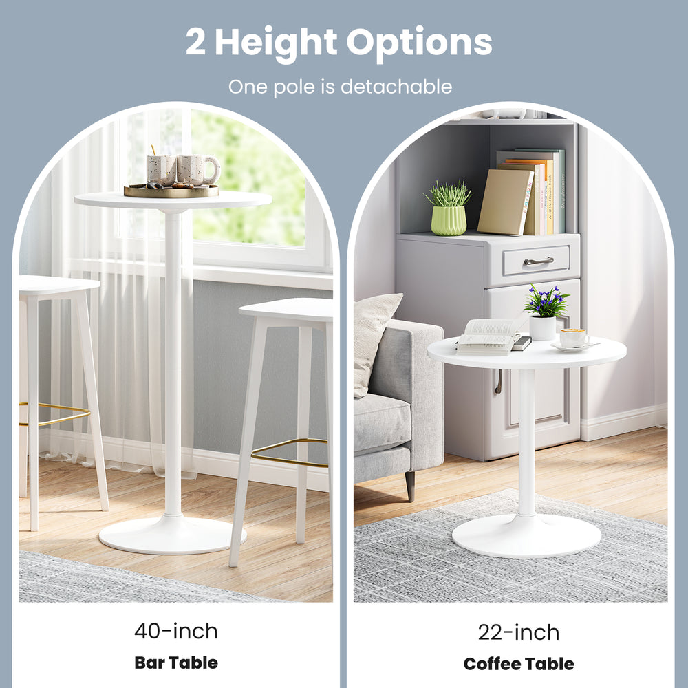 Round Bistro Table showcasing 40-inch bar height and 22-inch coffee table options, featuring a detachable pole and.